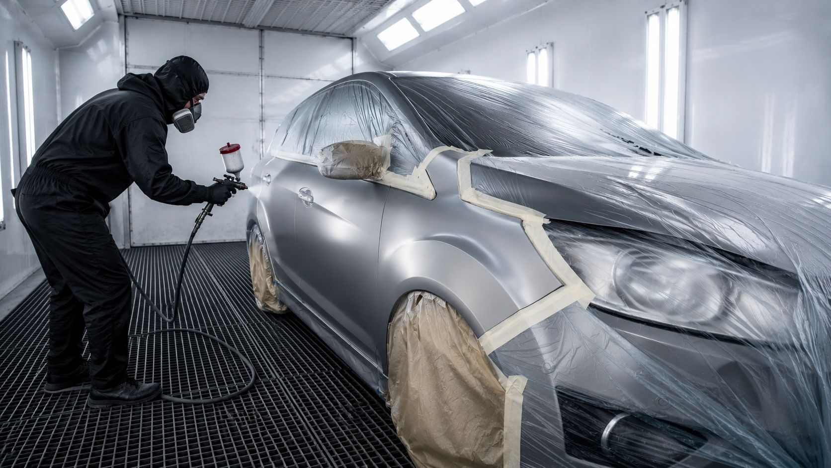 Lakýrník stříká auto v lakovací kabině