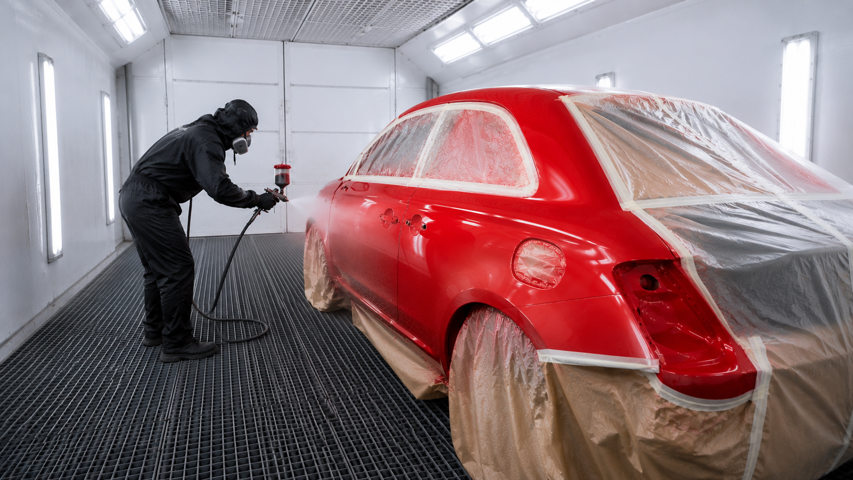 Lakýrník stříká auto v lakovací kabině